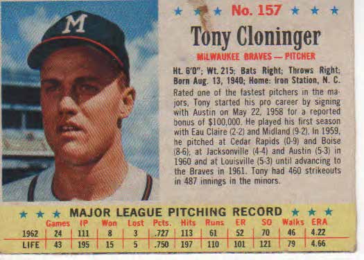 Tony Cloninger baseball trading card